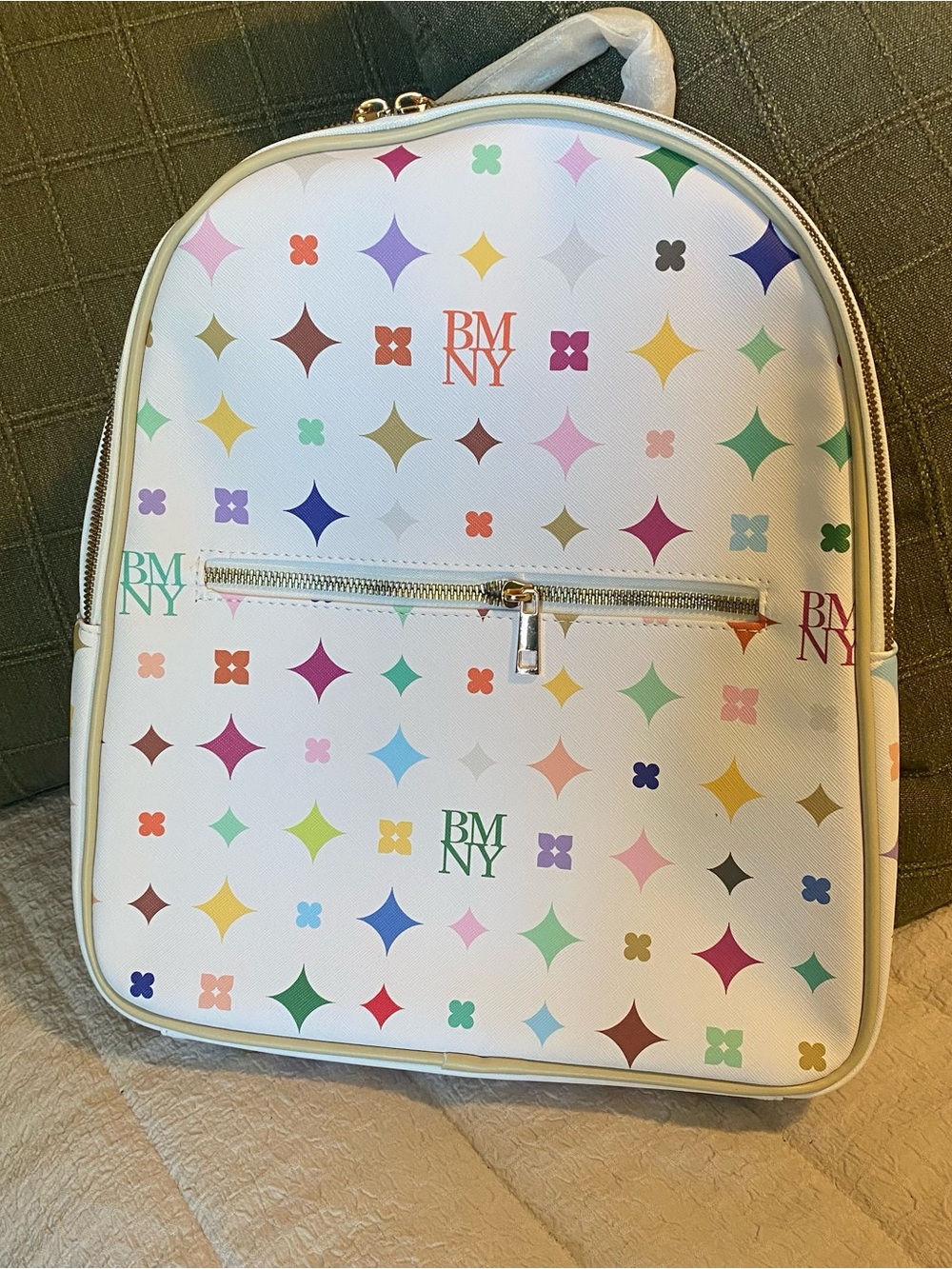 Badgley Mischka White Backpack with Multicolor Star Motif